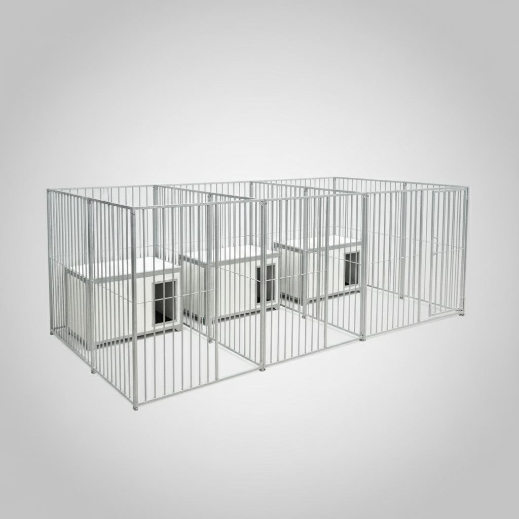 3-bay galvanised dog pen with 3 cabins
