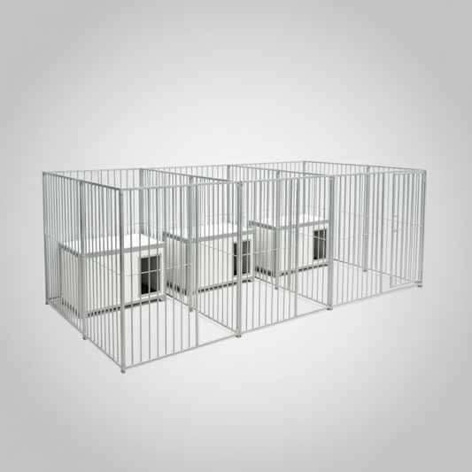 3-bay galvanised dog pen with 3 cabins