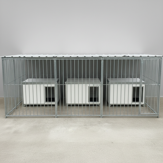3-bay galvanised dog pen with three cabins
