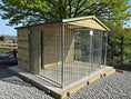 Load image into Gallery viewer, Front Entry Wymbury Deluxe wooden dog kennel and run 10ft x 10'6ft – front view showing apex roof and galvanised steel panels
