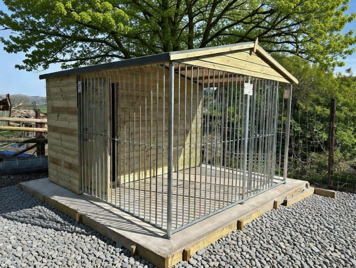 Front Entry Wymbury Deluxe wooden dog kennel and run 10ft x 10'6ft – front view showing apex roof and galvanised steel panels