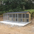 Load image into Gallery viewer, A multi-unit wooden dog kennel block with multiple runs. The structure is built with pressure-treated timber and features galvanized steel bar panels for the runs, with each unit having a separate, enclosed sleeping area. The kennel is designed for multiple dogs and is durable and secure.
