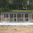 Load image into Gallery viewer, A multi-unit wooden dog kennel block with multiple runs. The structure is built with pressure-treated timber and features galvanized steel bar panels for the runs, with each unit having a separate, enclosed sleeping area. The kennel is designed for multiple dogs and is durable and secure.
