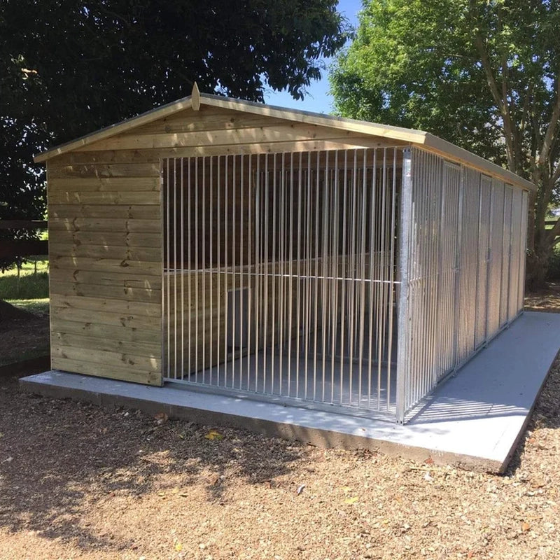 A multi-unit wooden dog kennel block with multiple runs. The structure is built with pressure-treated timber and features galvanized steel bar panels for the runs, with each unit having a separate, enclosed sleeping area. The kennel is designed for multiple dogs and is durable and secure.
