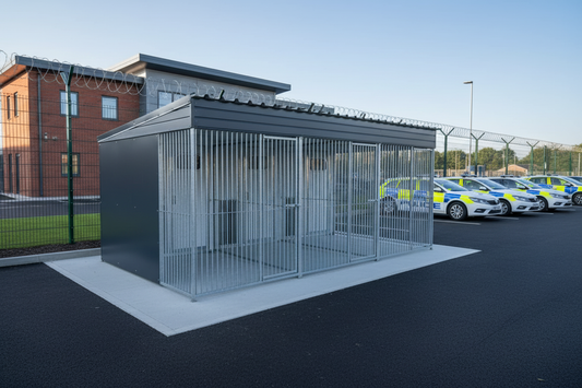 Blakemere Triple Thermal Dog Kennel in grey with insulated sleeping areas and galvanised dog runs