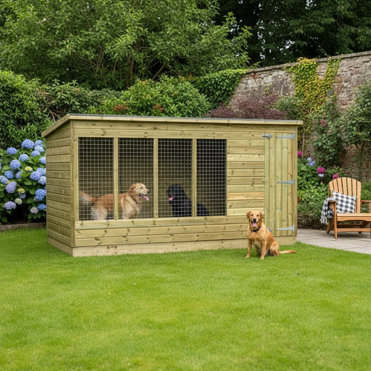 Aston kennel in garden with dogs