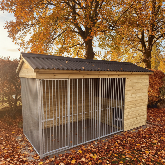 Tanalised pressure-treated timber cladding on a Buxton dog kennel with a 15-year anti-rot guarantee.