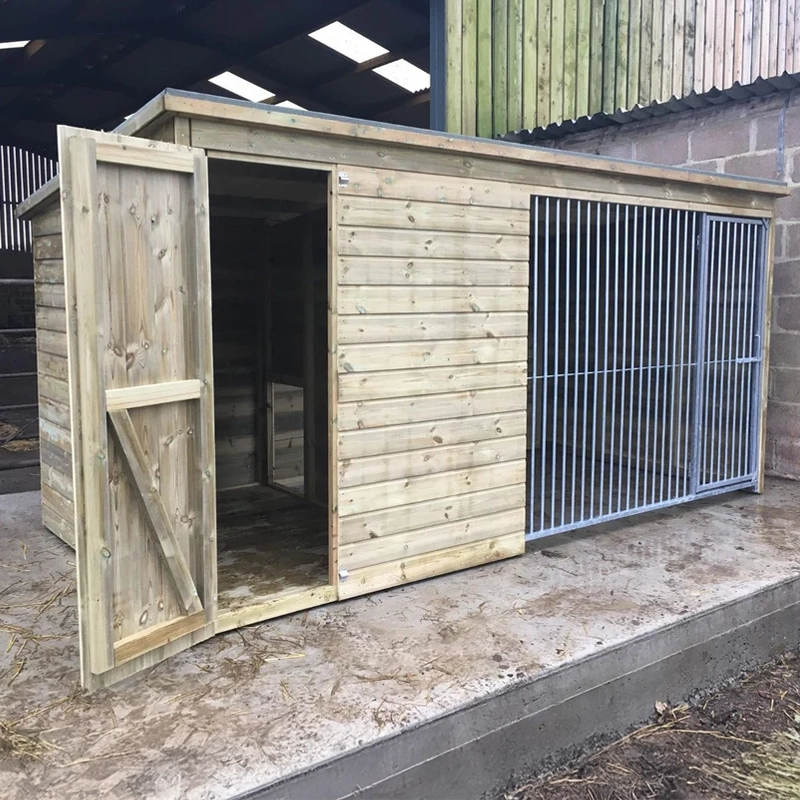 A Kennelstore  Chesterfield Wooden Dog Kennel & Run. The weatherproof outdoor shelter features a durable timber sleeping area and a rust-resistant galvanised steel run panel.