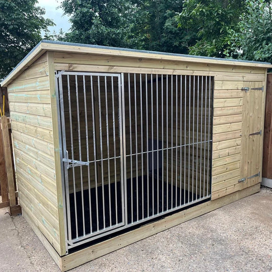 Chesterfield wooden dog kennel with pent roof and galvanised steel run panel