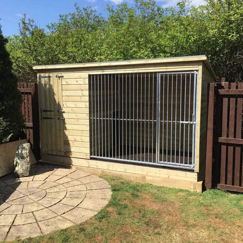 A Kennelstore Chesterfield Wooden Dog Kennel & Run. The weatherproof outdoor shelter features a durable timber sleeping area and a rust-resistant galvanised steel run panel.