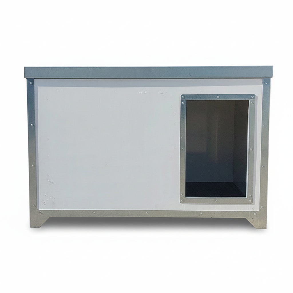 Front angle view of insulated dog cabin highlighting entrance and weatherproof design