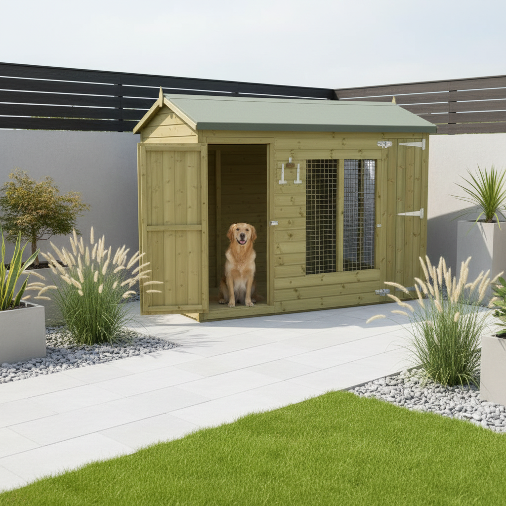 Walk-in Winterley dog kennel showing full-height design with secure door and covered run area