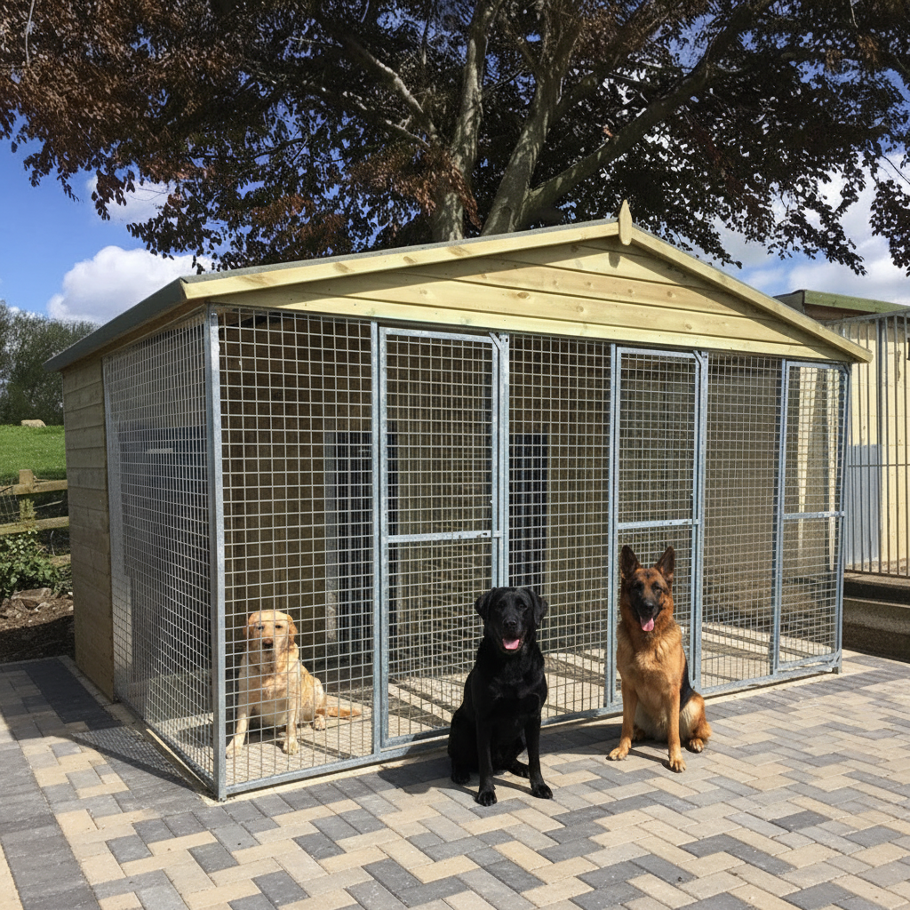 Delamere Triple Kennel with Dogs on Patio