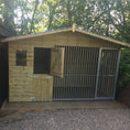 Load image into Gallery viewer, A Kennelstore 10x4 Elworth Apex Wooden Dog Kennel & Run. The pressure-treated outdoor shelter features a classic apex roof design and a secure galvanized steel run panel.

