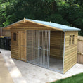 Load image into Gallery viewer, A Kennelstore 10x5 Elworth Apex Wooden Dog Kennel & Run. The pressure-treated outdoor shelter features a classic apex roof design and a secure galvanized steel run panel.
