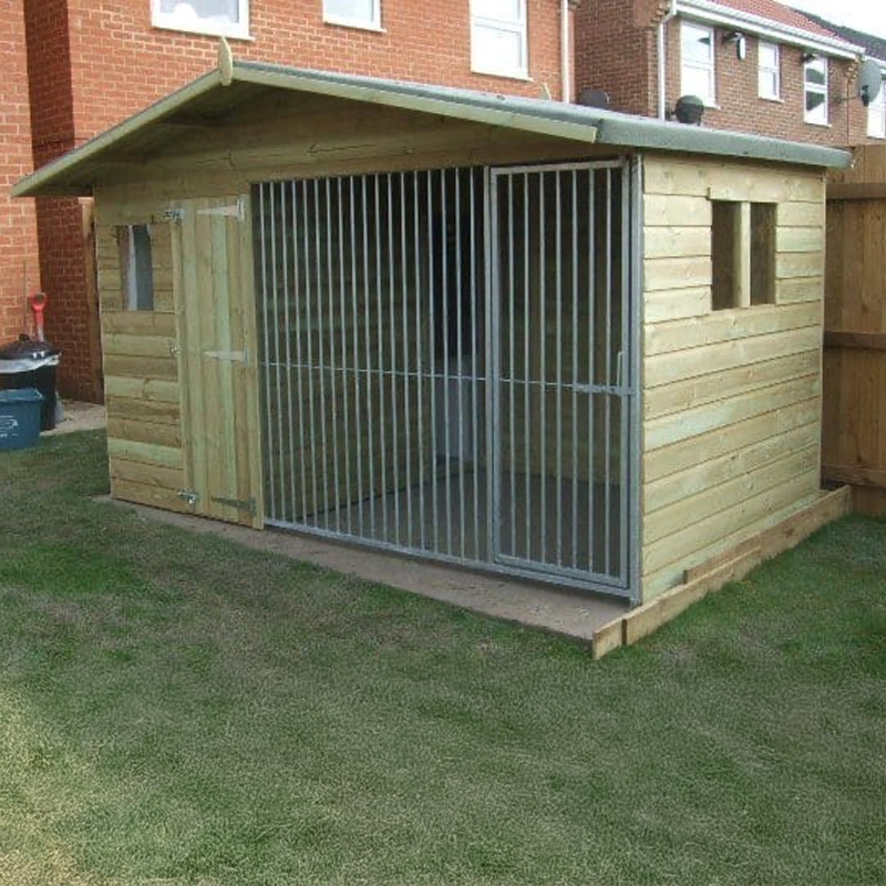 A Kennelstore 10x6 Elworth Apex Wooden Dog Kennel & Run. The pressure-treated outdoor shelter features a classic apex roof design and a secure galvanized steel run panel.