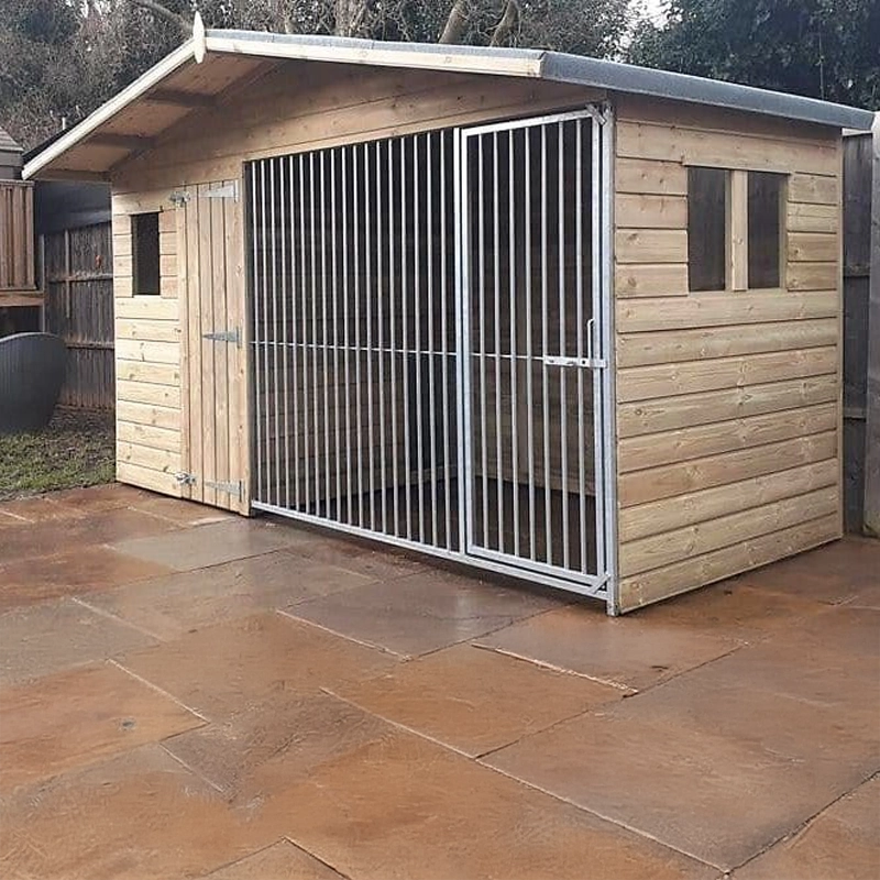 A Kennelstore 12x4 Elworth Apex Wooden Dog Kennel & Run. The pressure-treated outdoor shelter features a classic apex roof design and a secure galvanized steel run panel.