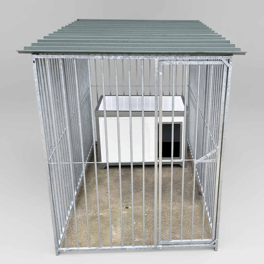 Enhanced galvanised dog pen with roof and cabin
