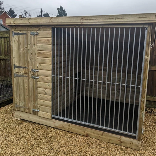 Ettiley wooden dog kennel and run, size 8x5 feet, made from pressure-treated timber with galvanised steel panels