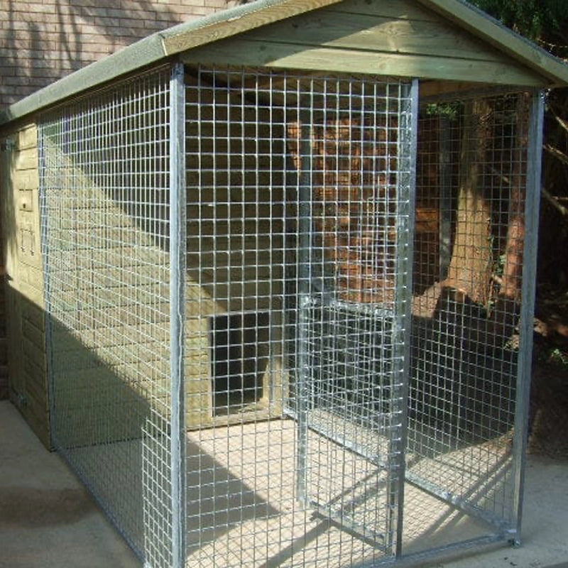 Faddiley apex wooden dog kennel and run, full height with galvanized steel mesh panels