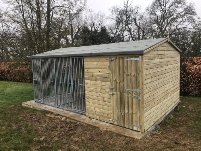 Kingsley Wooden 2 Bay Dog Kennel And Run with Storage Shed 15ft (wide) x 10'6ft (depth) x 7'3ft (apex)