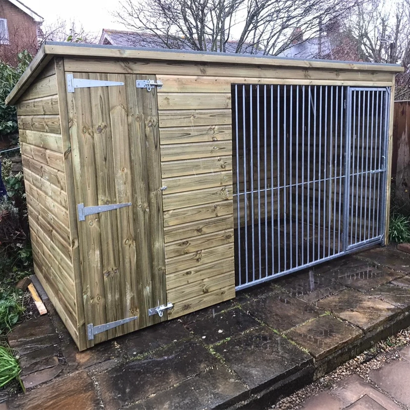 Chesterfield Wooden Dog Kennel & Run. The weatherproof outdoor shelter features a durable timber sleeping area and a rust-resistant galvanised steel run panel.