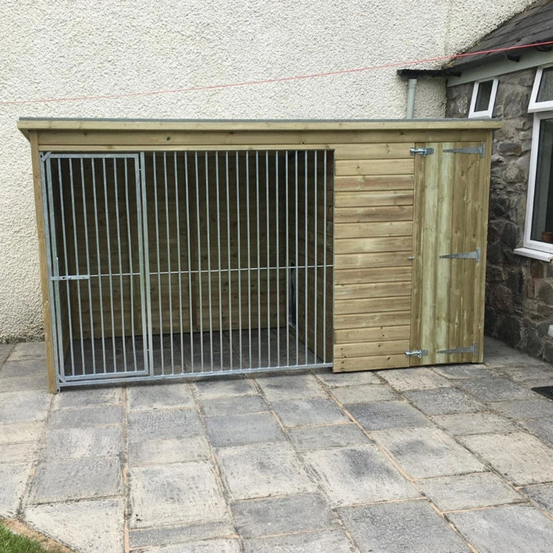 Weatherproof dog kennel with pent roof and rust-resistant run panel