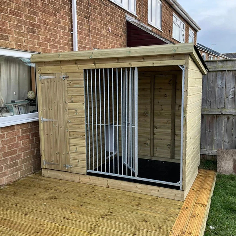 A Kennelstore 8x4 Chesterfield Wooden Dog Kennel & Run. The weatherproof outdoor shelter features a durable timber sleeping area and a rust-resistant galvanised steel run panel.