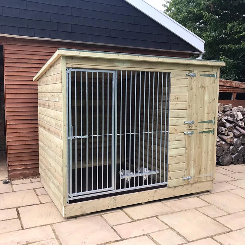 UK-made wooden dog kennel with integrated galvanised steel run
