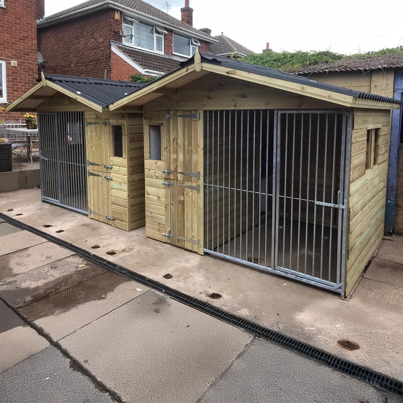 A Kennelstore 10x4 Elworth Apex Wooden Dog Kennel & Run. The pressure-treated outdoor shelter features a classic apex roof design and a secure galvanized steel run panel.