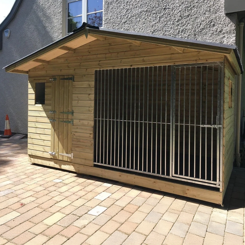 The Elworth 12x4 wooden dog kennel from the front, highlighting the apex roof and entry points for the run and sleeping area.