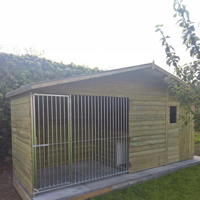 A Kennelstore 14x5 Elworth Apex Wooden Dog Kennel & Run. The pressure-treated outdoor shelter features a classic apex roof design and a secure galvanized steel run panel.