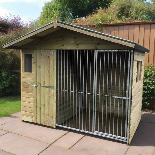 A full view of the KENNELSTORE 8x4 Elworth wooden dog kennel and run, showing the apex roof and secure outdoor enclosure.