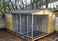 Load image into Gallery viewer, Kingsley Wooden 2 Bay Dog Kennel And Run with Storage Shed 16ft (wide) x 10'6ft (depth) x 7'3ft (apex)
