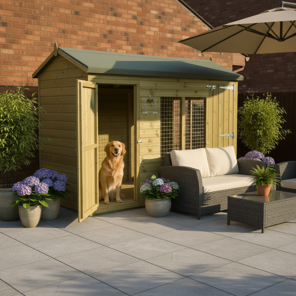 Premium pressure-treated timber construction of Winterley wooden dog kennel with weatherproof apex roof