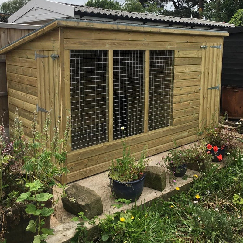 Aston wooden dog kennel angled view, showing full kennel and run structure