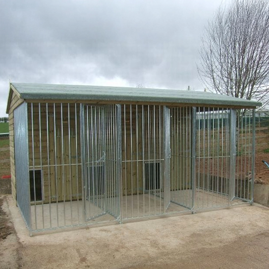 A multi-unit wooden dog kennel block with multiple runs. The structure is built with pressure-treated timber and features galvanized steel bar panels for the runs, with each unit having a separate, enclosed sleeping area. The kennel is designed for multiple dogs and is durable and secure.