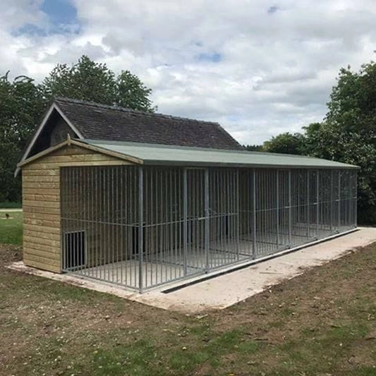 A multi-unit wooden dog kennel block with multiple runs. The structure is built with pressure-treated timber and features galvanized steel bar panels for the runs, with each unit having a separate, enclosed sleeping area. The kennel is designed for multiple dogs and is durable and secure.