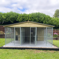 Load image into Gallery viewer, A multi-unit wooden dog kennel block with multiple runs. The structure is built with pressure-treated timber and features galvanized steel bar panels for the runs, with each unit having a separate, enclosed sleeping area. The kennel is designed for multiple dogs and is durable and secure.
