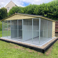 Load image into Gallery viewer, A multi-unit wooden dog kennel block with multiple runs. The structure is built with pressure-treated timber and features galvanized steel bar panels for the runs, with each unit having a separate, enclosed sleeping area. The kennel is designed for multiple dogs and is durable and secure.
