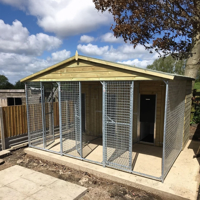 A multi-unit wooden dog kennel block with multiple runs. The structure is built with pressure-treated timber and features galvanized steel bar panels for the runs, with each unit having a separate, enclosed sleeping area. The kennel is designed for multiple dogs and is durable and secure.