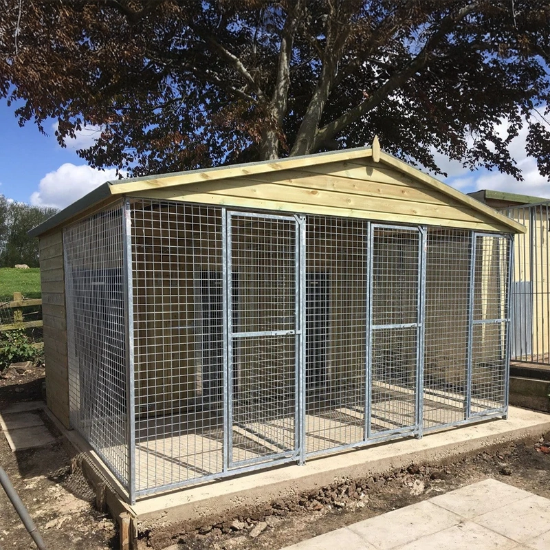 A multi-unit wooden dog kennel block with multiple runs. The structure is built with pressure-treated timber and features galvanized steel bar panels for the runs, with each unit having a separate, enclosed sleeping area. The kennel is designed for multiple dogs and is durable and secure.