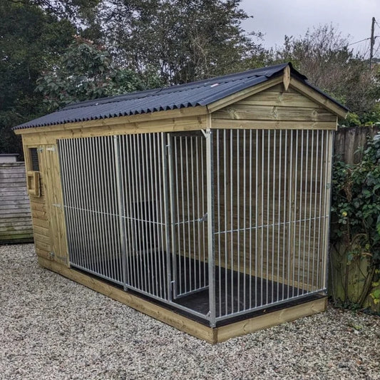 Apex Wooden Dog Kennel and Run. The weatherproof outdoor shelter features a classic apex roof and is constructed with durable timber to provide a secure and comfortable home for a dog.