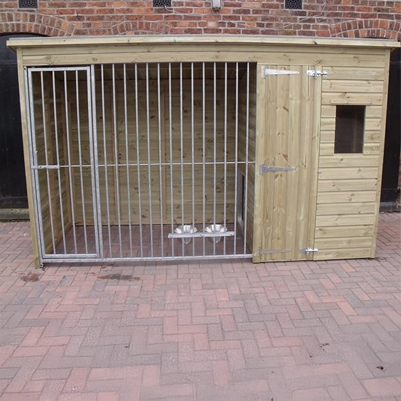 A Kennelstore 10x4 Stapeley Wooden Dog Kennel & Run. The pressure-treated outdoor shelter features a durable timber frame, a secure galvanized steel run, and a pent roof designed to shed rain.