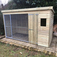 Load image into Gallery viewer, A Kennelstore 12x4 Stapeley Wooden Dog Kennel & Run. The pressure-treated outdoor shelter features a durable timber frame, a secure galvanized steel run, and a pent roof designed to shed rain.
