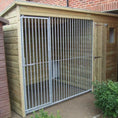 Load image into Gallery viewer, A Kennelstore 10x4 Stapeley Wooden Dog Kennel & Run. The pressure-treated outdoor shelter features a durable timber frame, a secure galvanized steel run, and a pent roof designed to shed rain.
