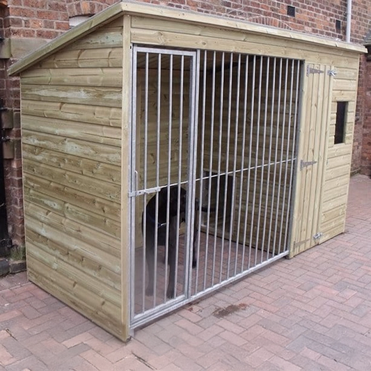 A Kennelstore 10x4 Stapeley Wooden Dog Kennel & Run. The pressure-treated outdoor shelter features a durable timber frame, a secure galvanized steel run, and a pent roof designed to shed rain.