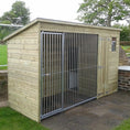 Load image into Gallery viewer, A Kennelstore 10x5 Stapeley Wooden Dog Kennel & Run. The pressure-treated outdoor shelter features a durable timber frame, a secure galvanized steel run, and a pent roof designed to shed rain.
