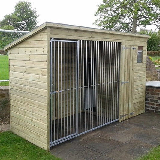 A Kennelstore 10x5 Stapeley Wooden Dog Kennel & Run. The pressure-treated outdoor shelter features a durable timber frame, a secure galvanized steel run, and a pent roof designed to shed rain.