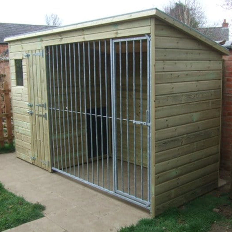 A Kennelstore 10x4 Stapeley Wooden Dog Kennel & Run. The pressure-treated outdoor shelter features a durable timber frame, a secure galvanized steel run, and a pent roof designed to shed rain.
